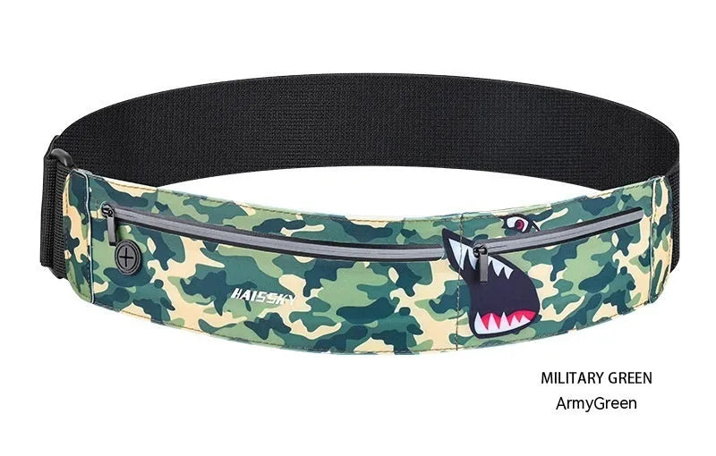 8-inch waterproof waist bag in camouflage crocodile, classic black, or heather grey, made from chinlon Lycra.