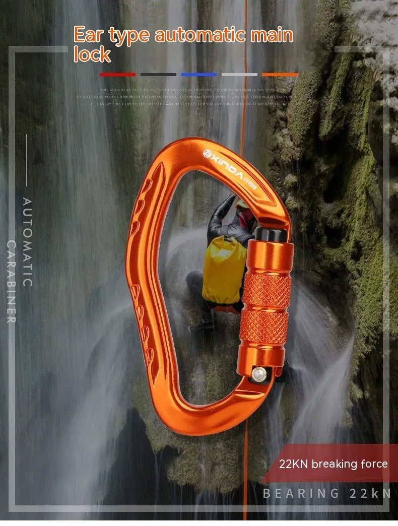 Automatic lock climbing carabiner in black blue orange red or silver colours for outdoor equipment