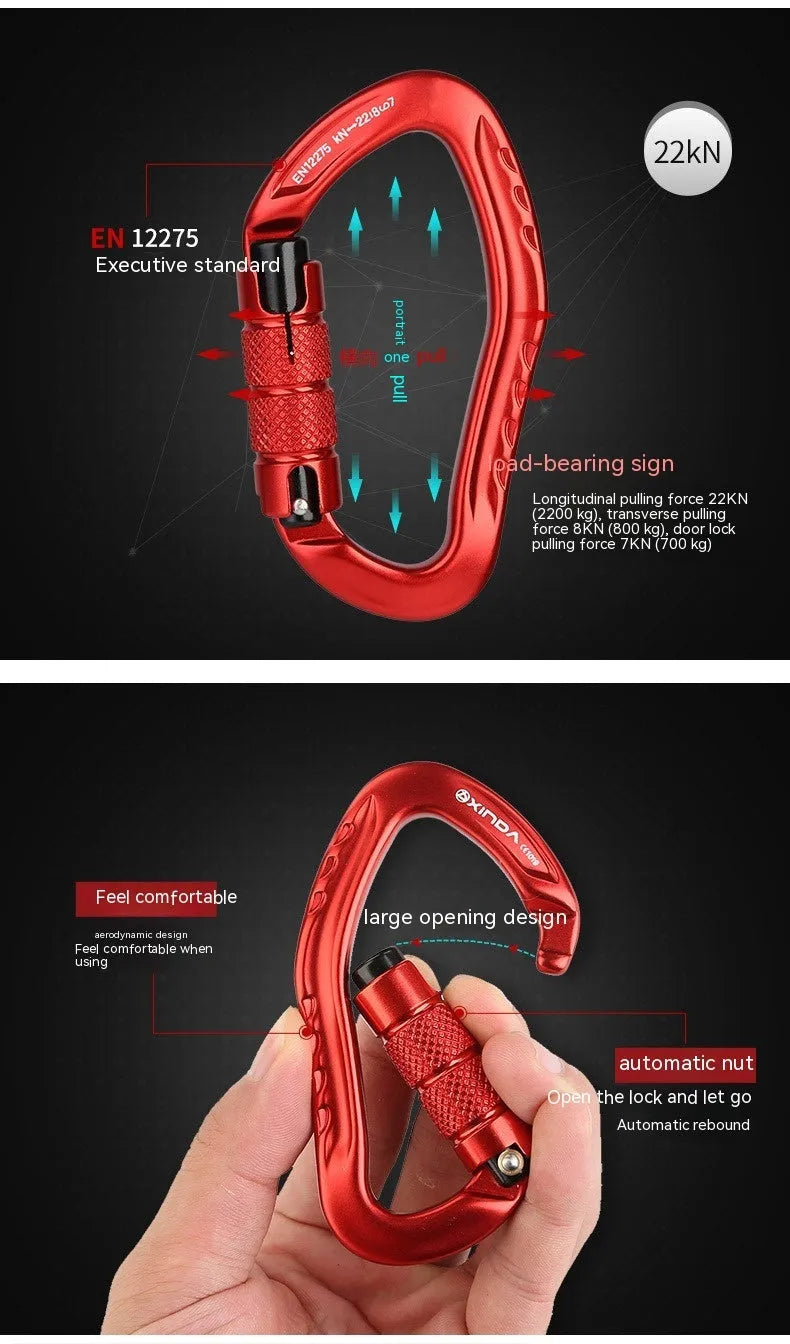 Automatic lock climbing carabiner in black blue orange red or silver colours for outdoor equipment