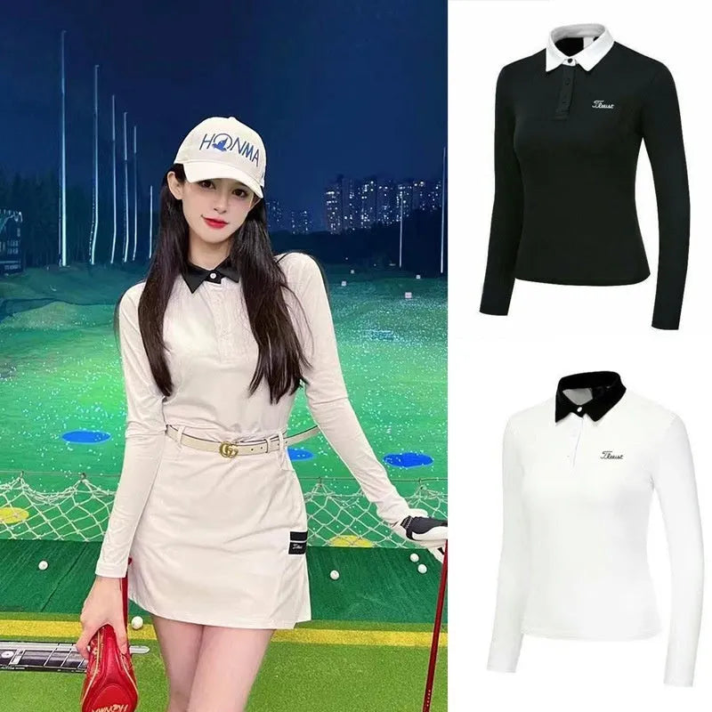 Women's slim-fit long sleeve golf top in black, made from breathable polyester fabric.