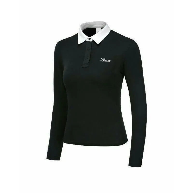 Women's slim-fit long sleeve golf top in black, made from breathable polyester fabric.