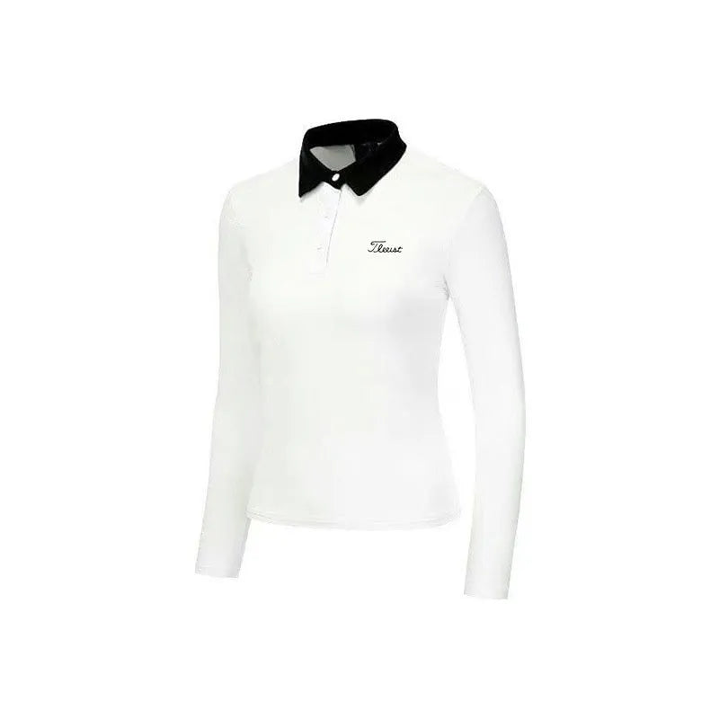 Women's slim-fit long sleeve golf top in black, made from breathable polyester fabric.