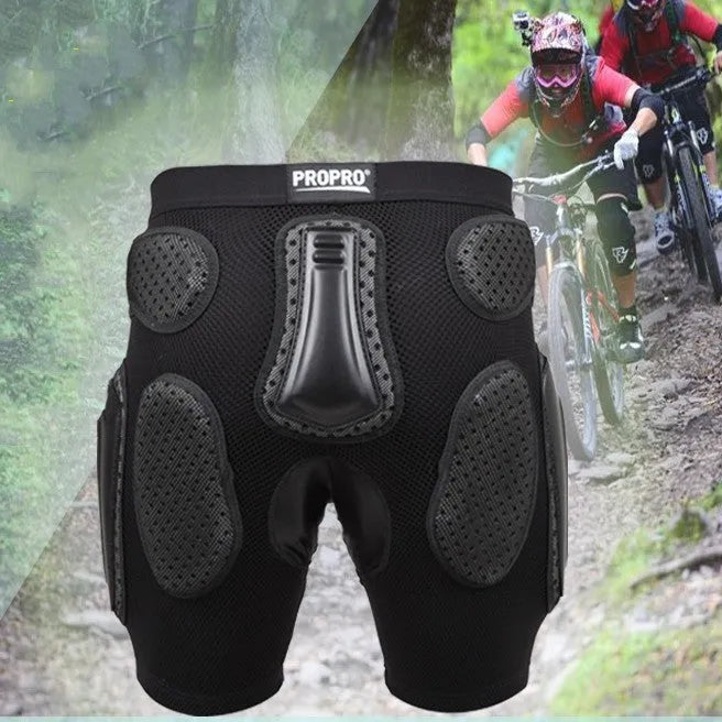 Black cycling hip protection pants with integrated hip pads shown in adult sizes