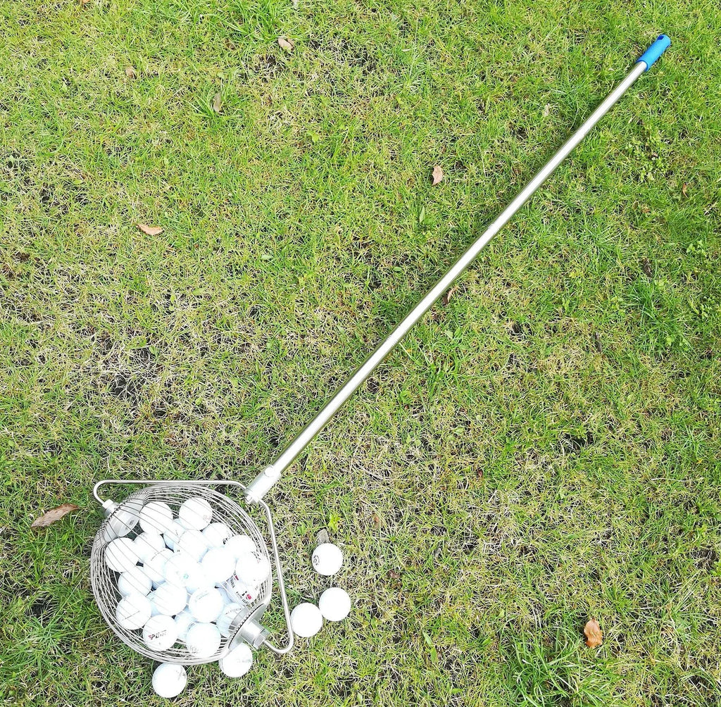Metallic coloured stainless steel golf ball picker tool on a driving range turf.