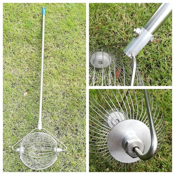 Metallic coloured stainless steel golf ball picker tool on a driving range turf.