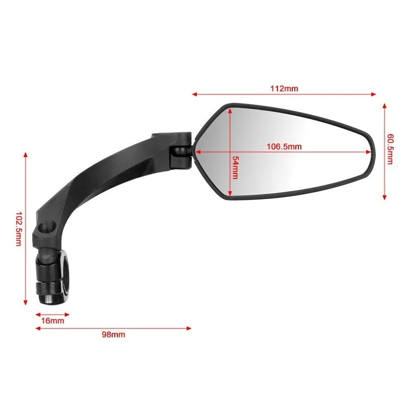 Black rotatable mountain bike rearview mirror measuring 210x102.5mm with PMMA acrylic construction