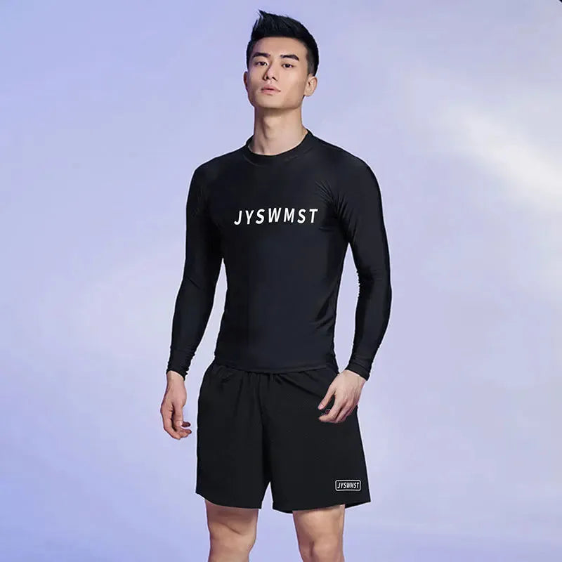 Men's patterned swimsuit set with top and pants in polyester fabric
