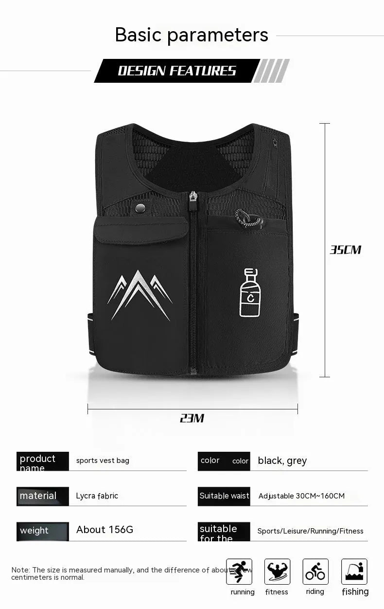 Classic black sports running vest with breathable mesh fabric and a front mobile phone pocket.