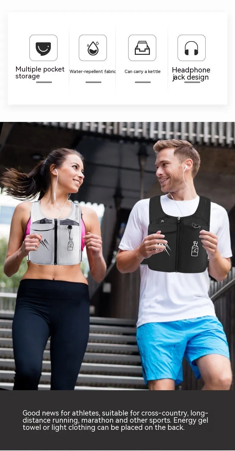 Classic black sports running vest with breathable mesh fabric and a front mobile phone pocket.