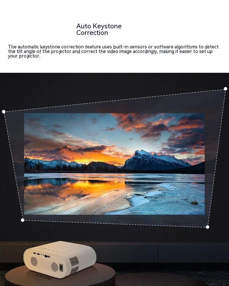 White Full HD smart projector with remote control on wooden surface