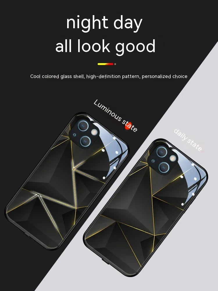 Geometric prism luminous tempered glass phone case for iPhone 15 14 13 12 11 in black colour