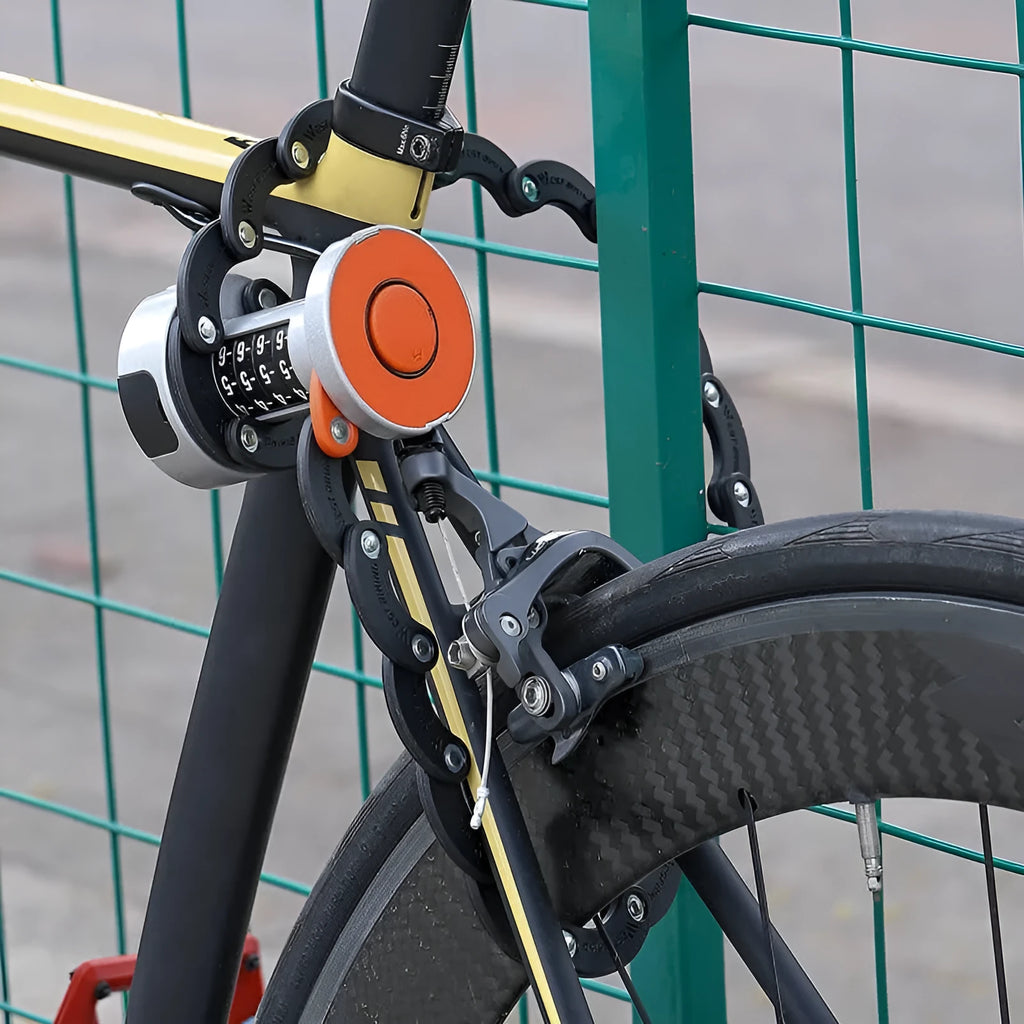 Portable bicycle folding lock in black colour with folded and extended positions showing