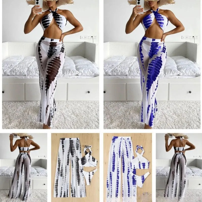 Women's black printed three-piece swimsuit set with bikini top and mesh trousers