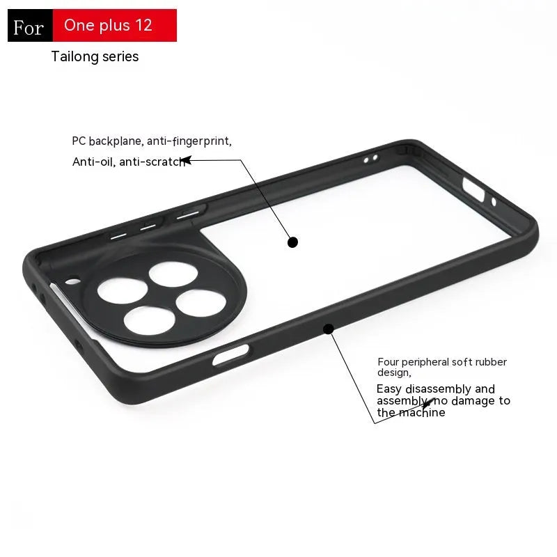 Transparent PC TPU frosted phone case with black border for OnePlus, showing corner airbags and camera cutout