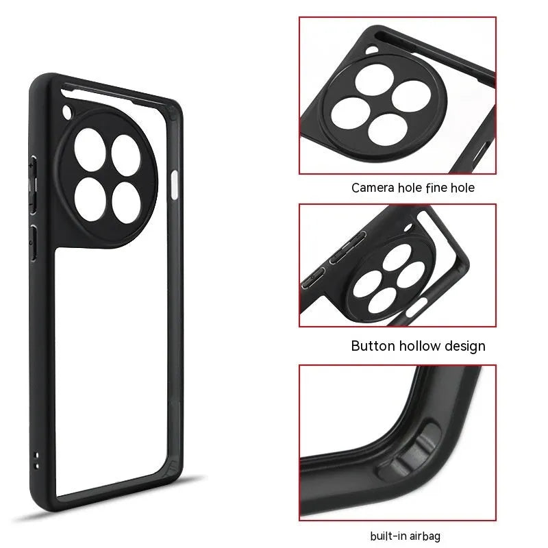 Transparent PC TPU frosted phone case with black border for OnePlus, showing corner airbags and camera cutout