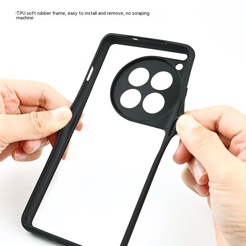 Transparent PC TPU frosted phone case with black border for OnePlus, showing corner airbags and camera cutout