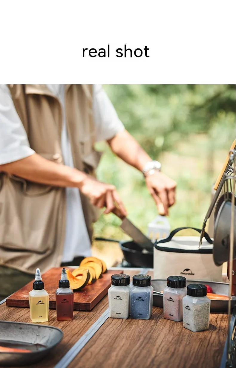 Naturehike six-piece portable seasoning bottle set made from white PP plastic for outdoor and kitchen use.