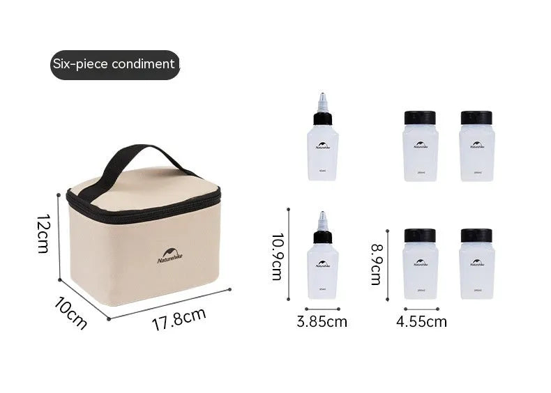 Naturehike six-piece portable seasoning bottle set made from white PP plastic for outdoor and kitchen use.