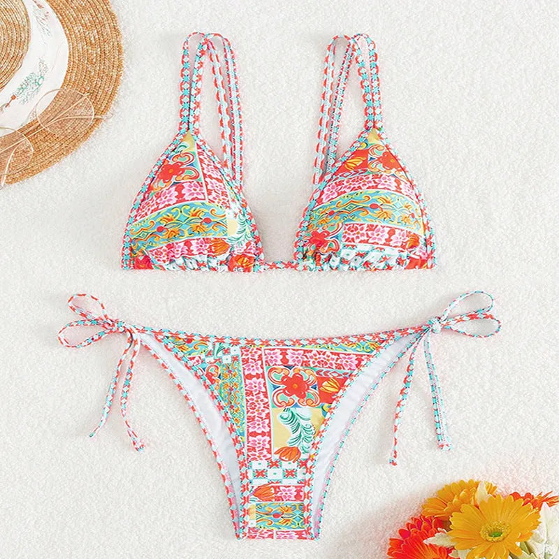 Women's lace-up split swimsuit in European American style with backless design