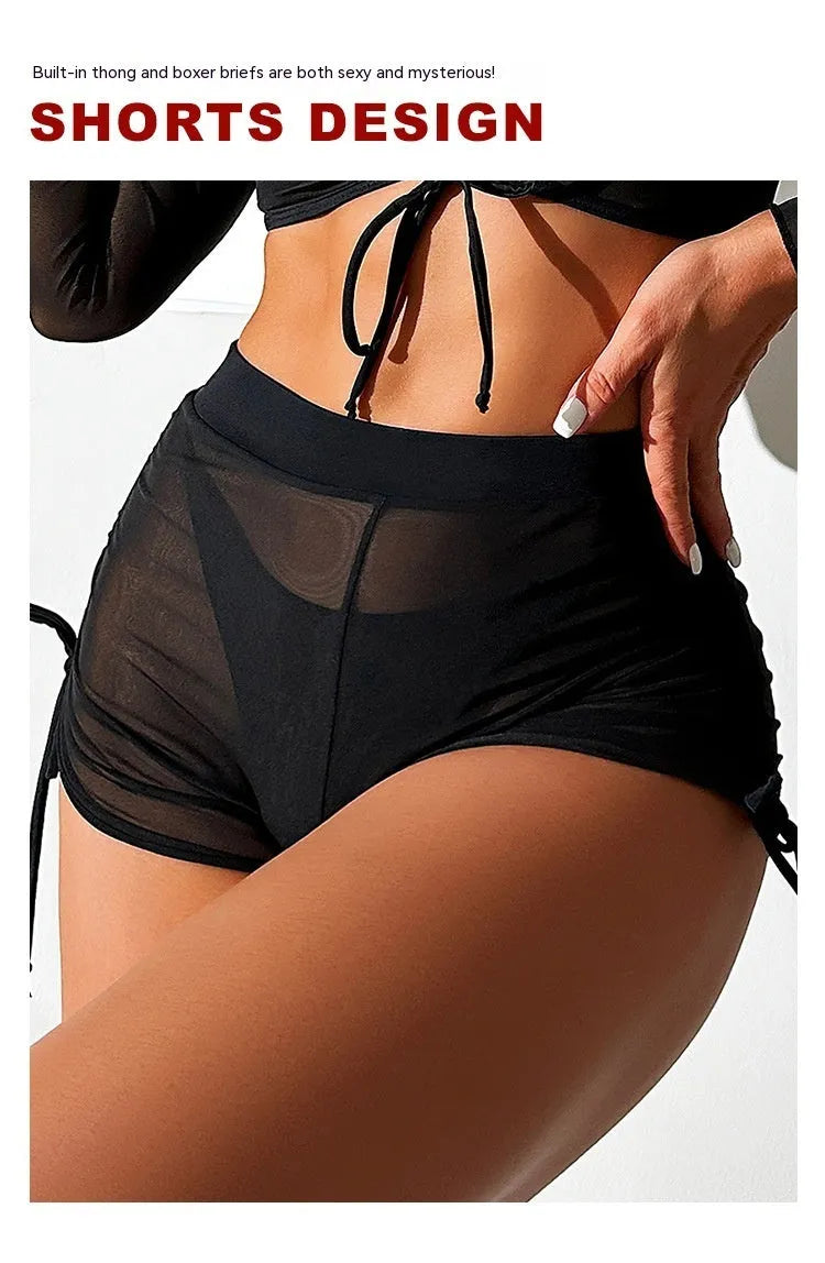 Black mesh bikini four-piece set with long sleeves for women's swimming