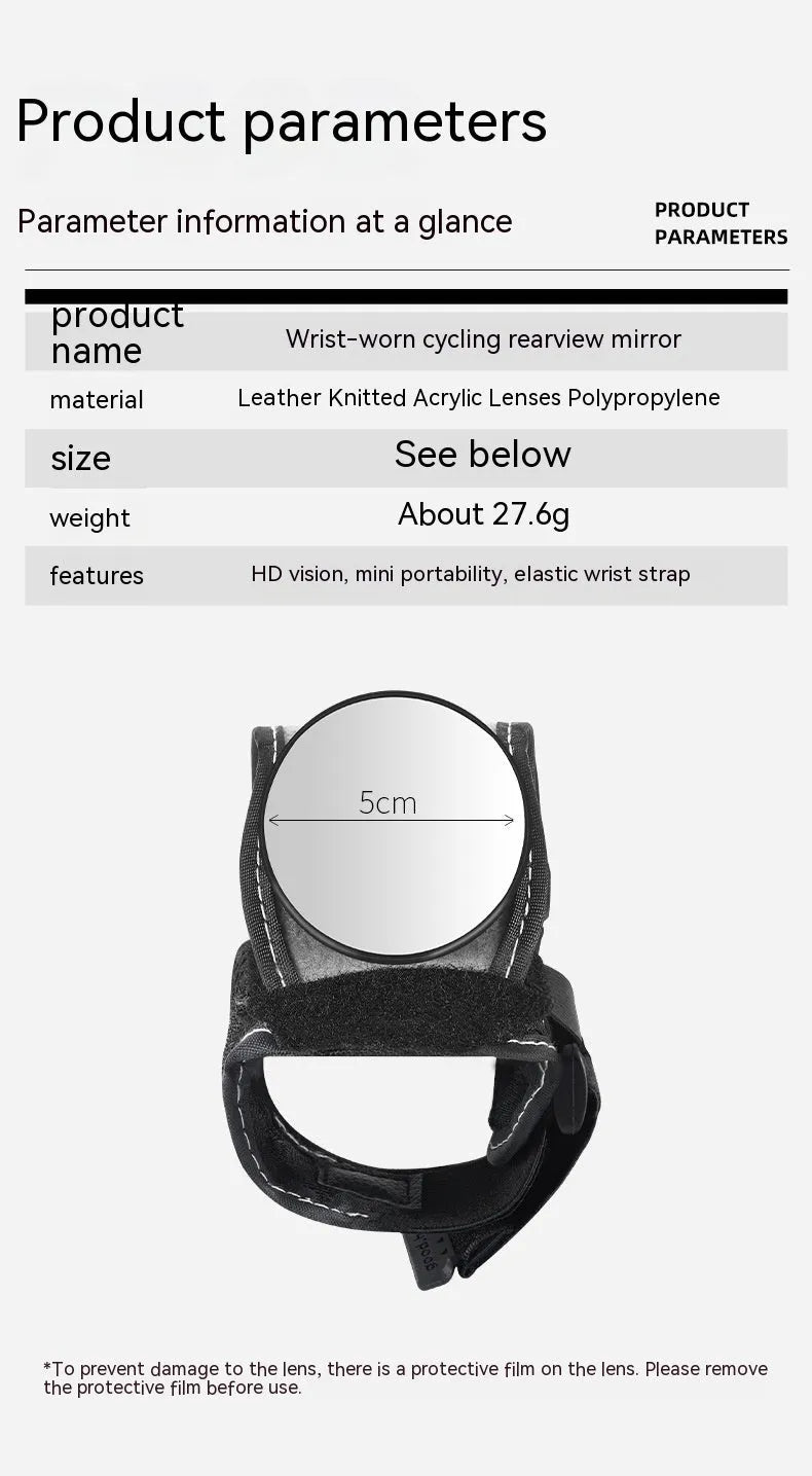 Black nylon bicycle wrist rear-view mirror with adjustable strap for cycling safety