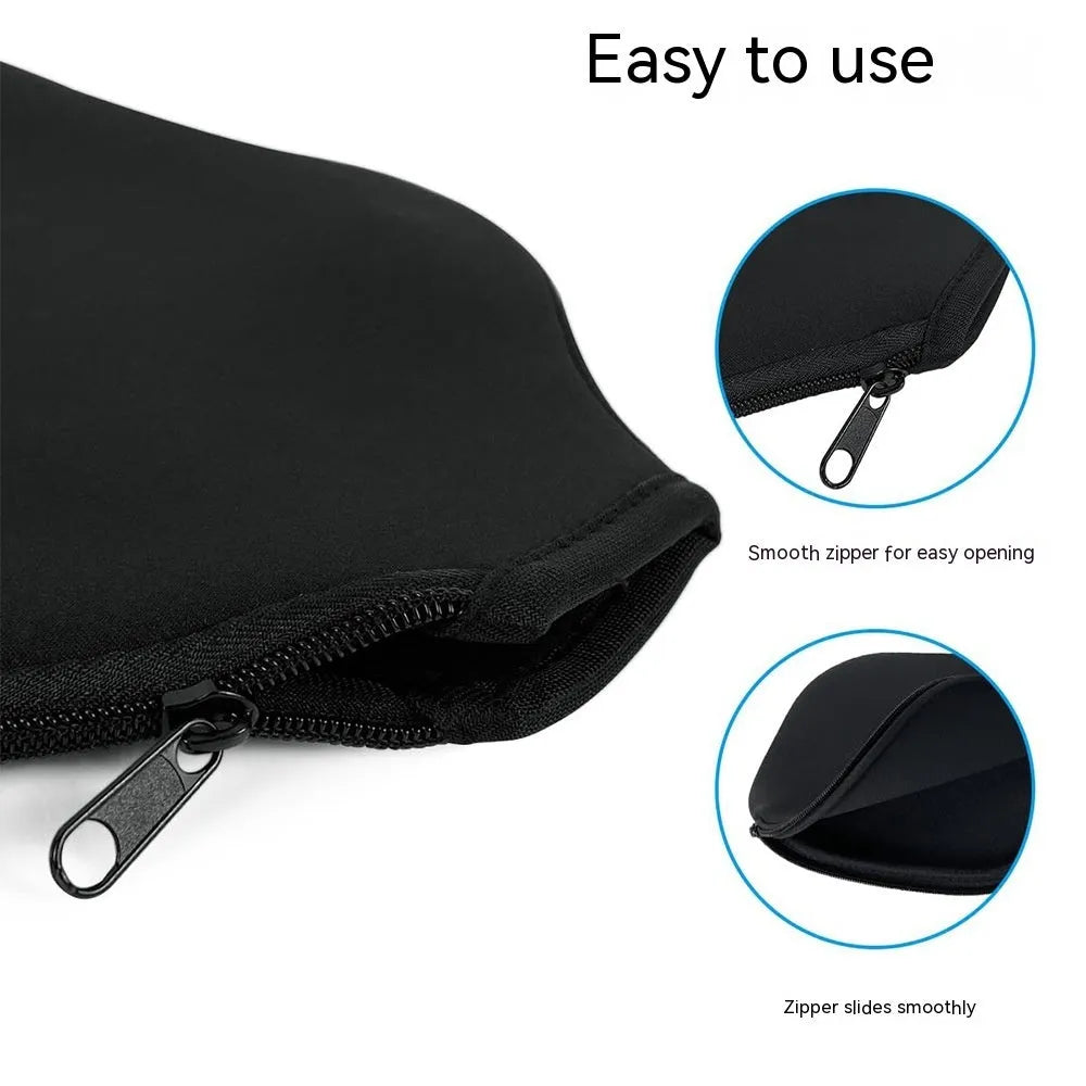 Black neoprene protective sleeve for a table tennis racket on a grey background.