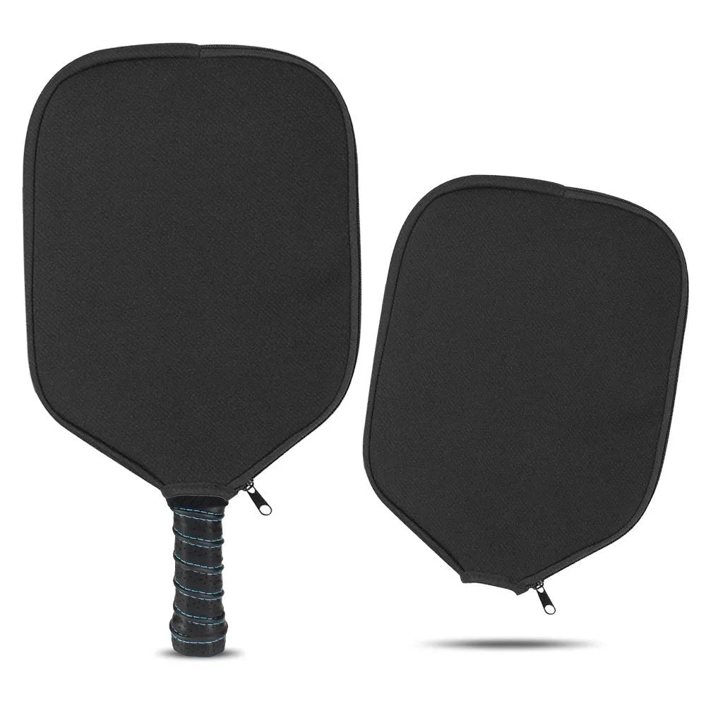Black neoprene protective sleeve for a table tennis racket on a grey background.