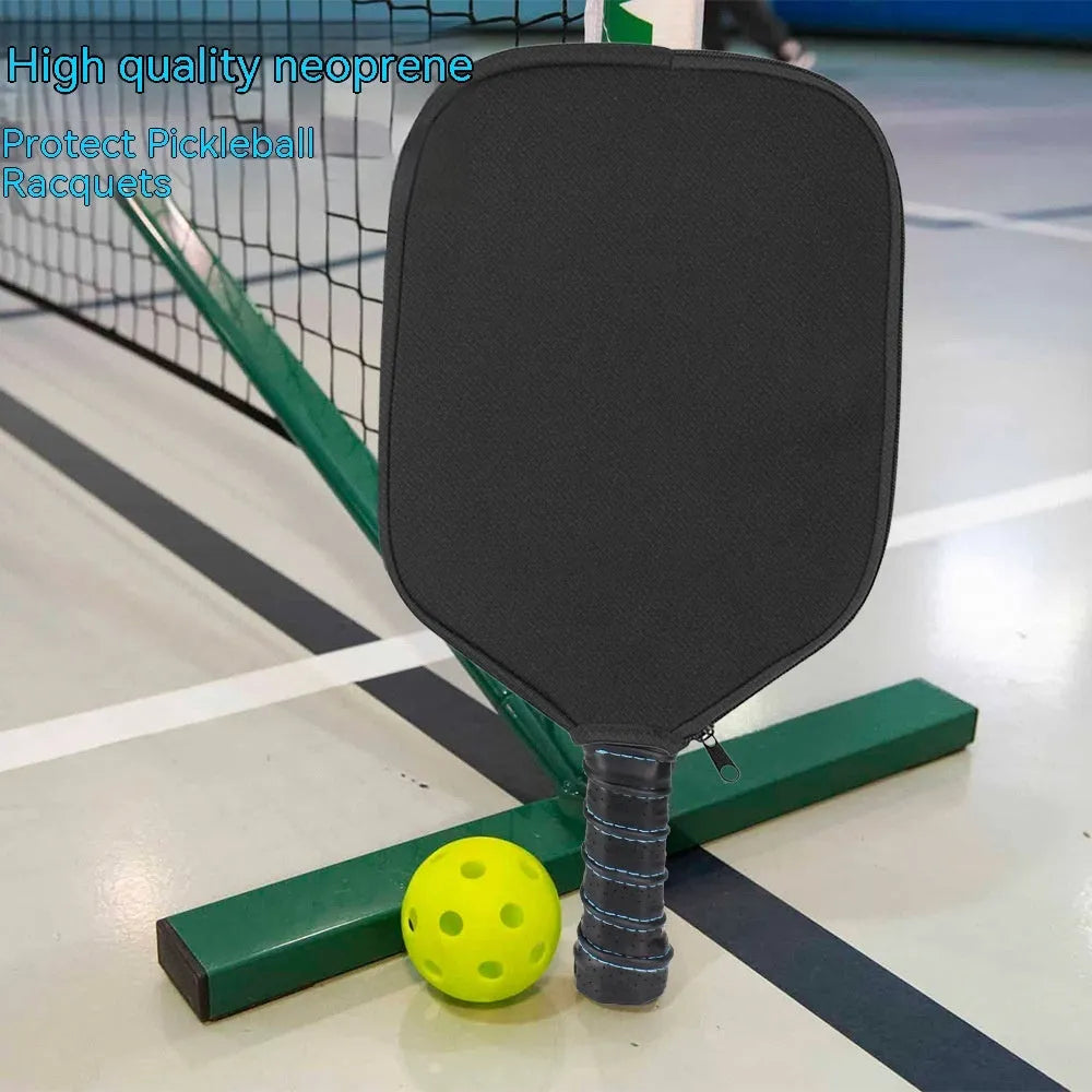 Black neoprene protective sleeve for a table tennis racket on a grey background.