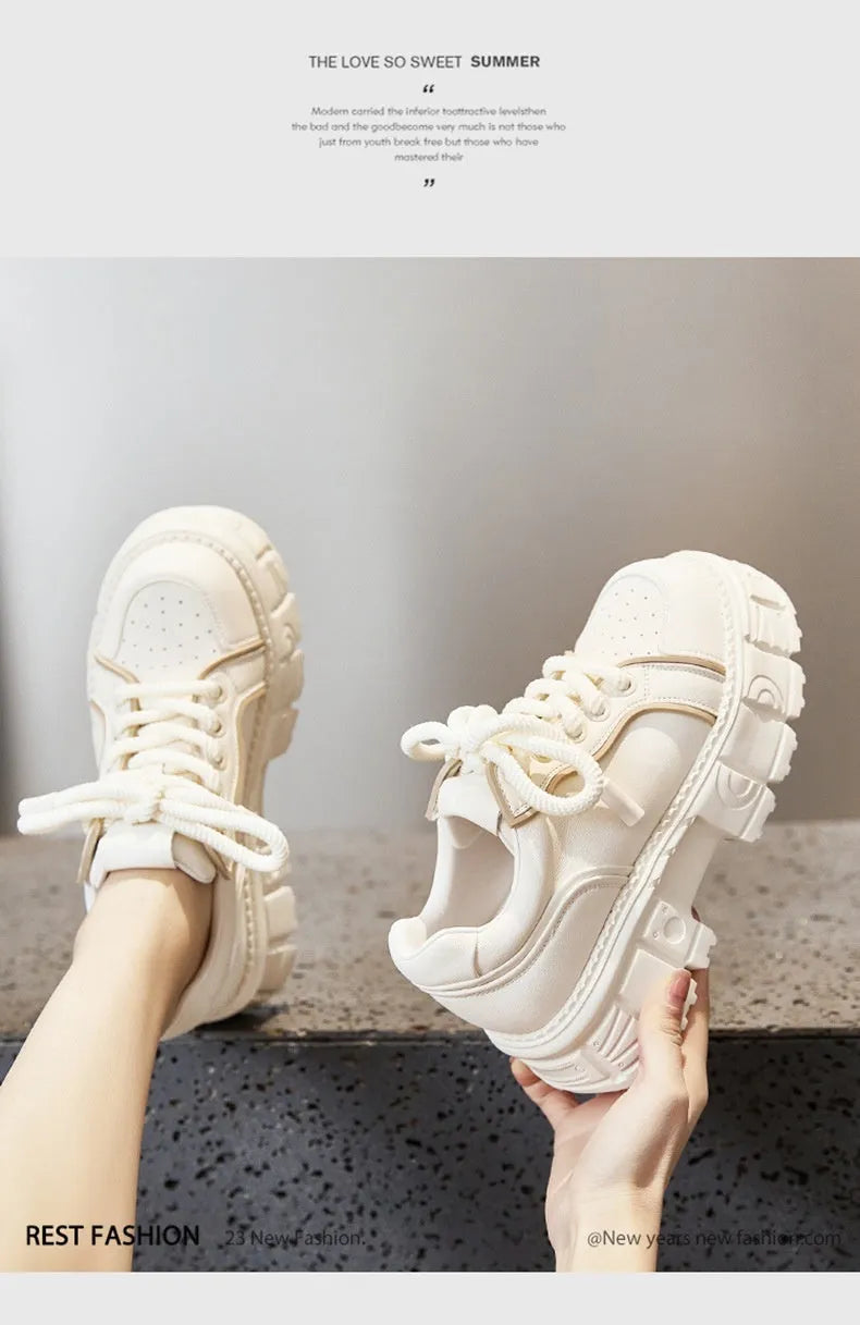 Women's beige leather casual shoes with spring muffin bottom height increase design