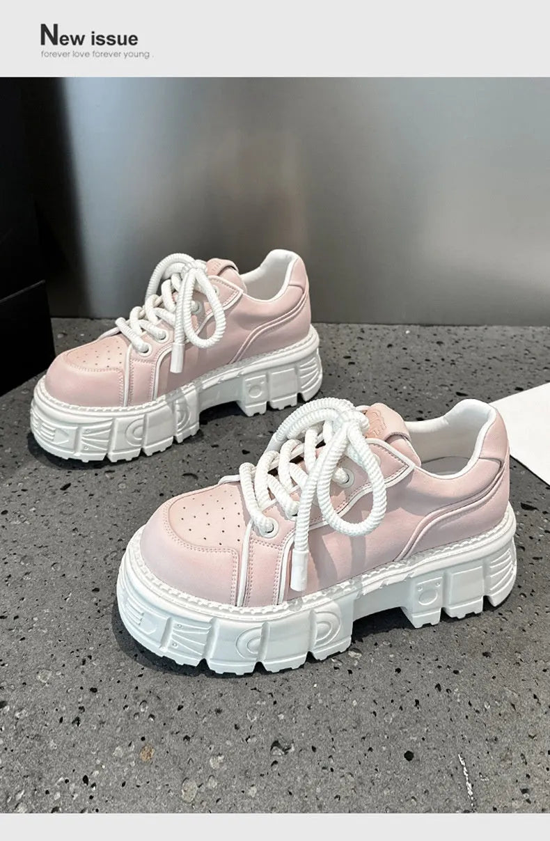 Women's beige leather casual shoes with spring muffin bottom height increase design