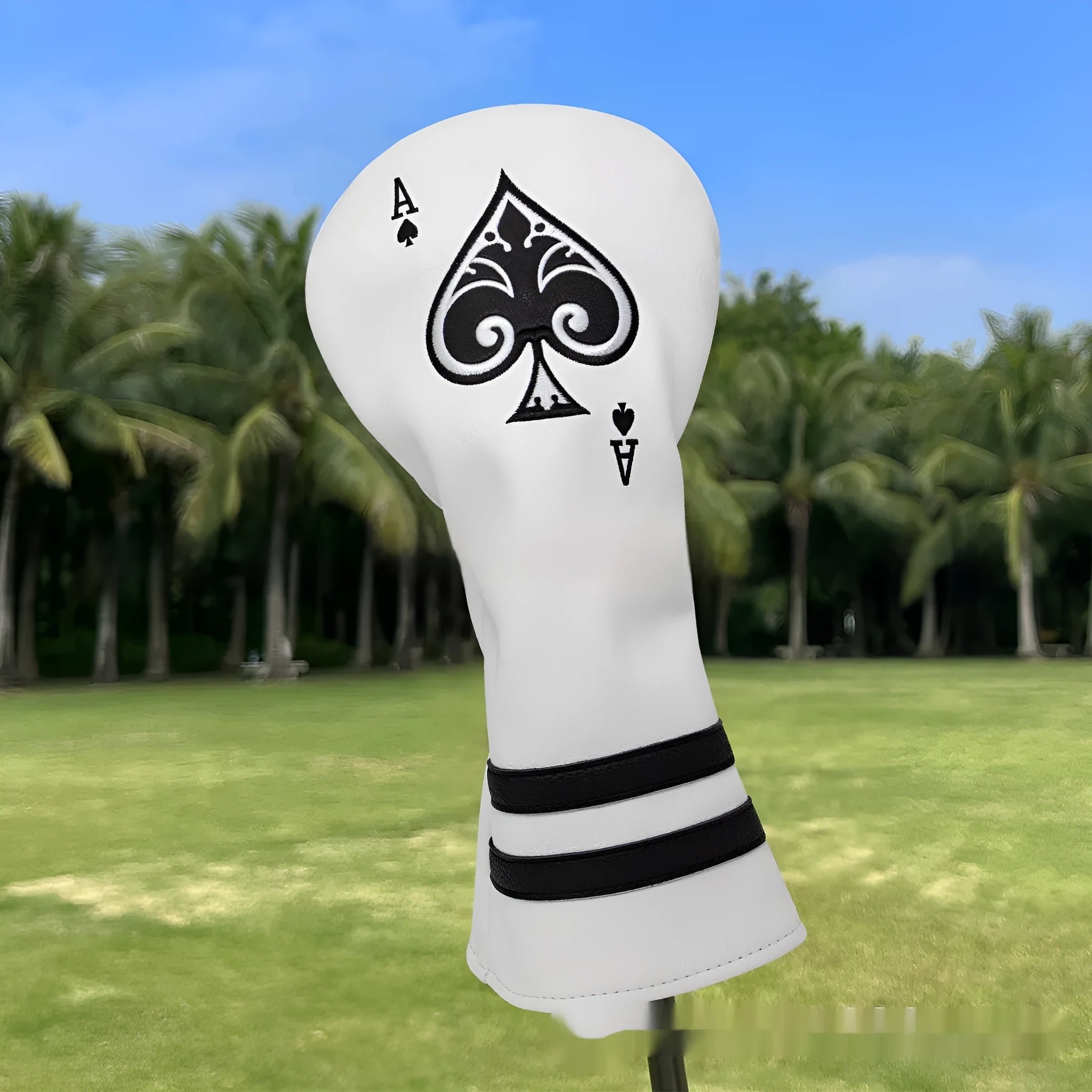 A black PU golf club sleeve designed to cover and protect a putter head.