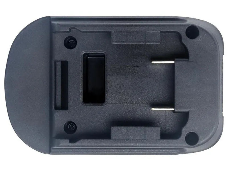 Black plastic battery adapter connecting Milwaukee DM18M tools to Makita H99F battery packs