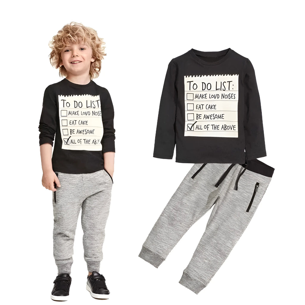 Cotton boys casual two-piece suit with long sleeve T-shirt and pants in a letter pattern.
