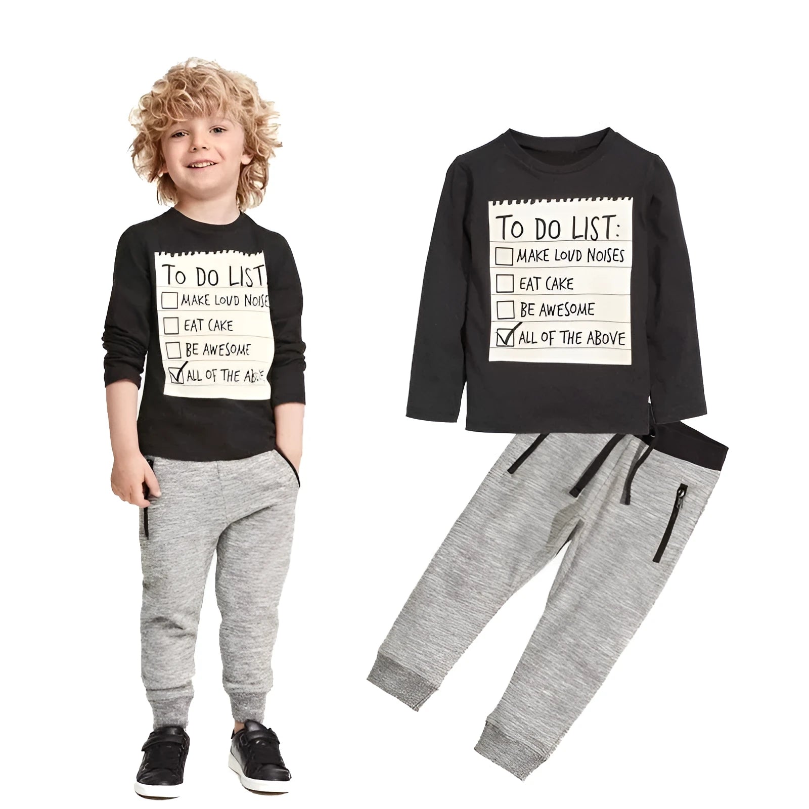 Cotton boys casual two-piece suit with long sleeve T-shirt and pants in a letter pattern.