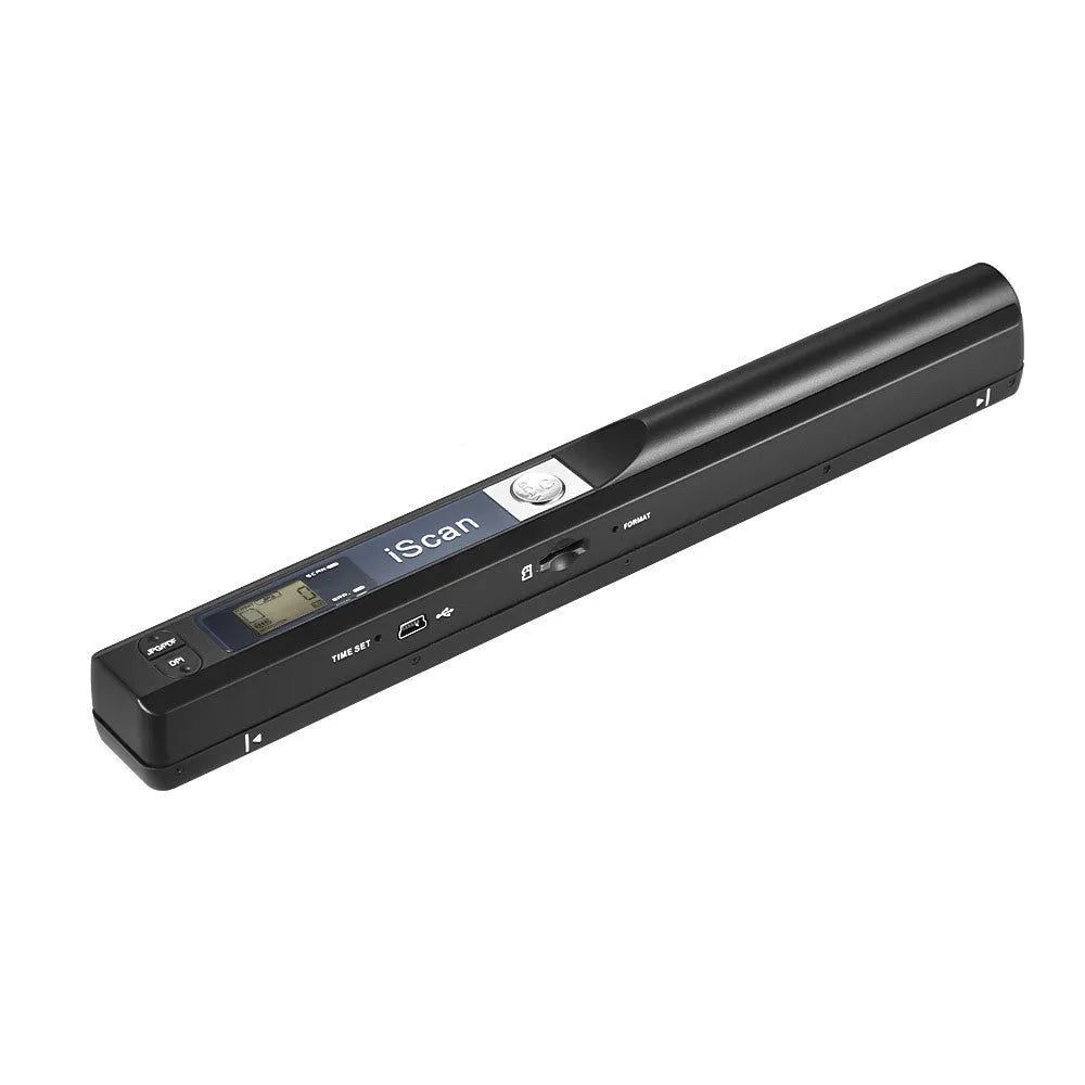 Handheld plastic scanner shown in one of five colour options: black, blue, green, red, or silver.