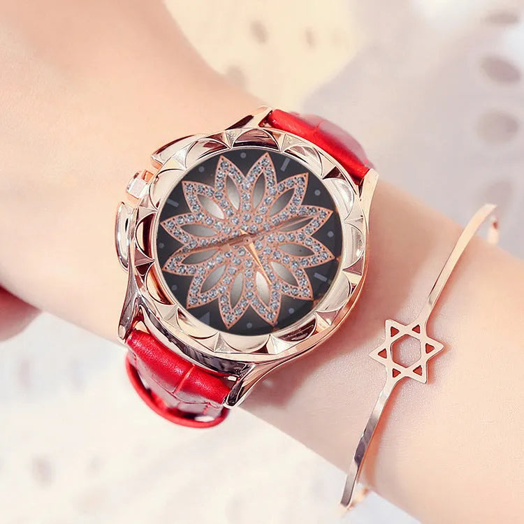Ladies quartz watch with rotating dial, 40mm alloy case, PU leather strap, and pin buckle closure
