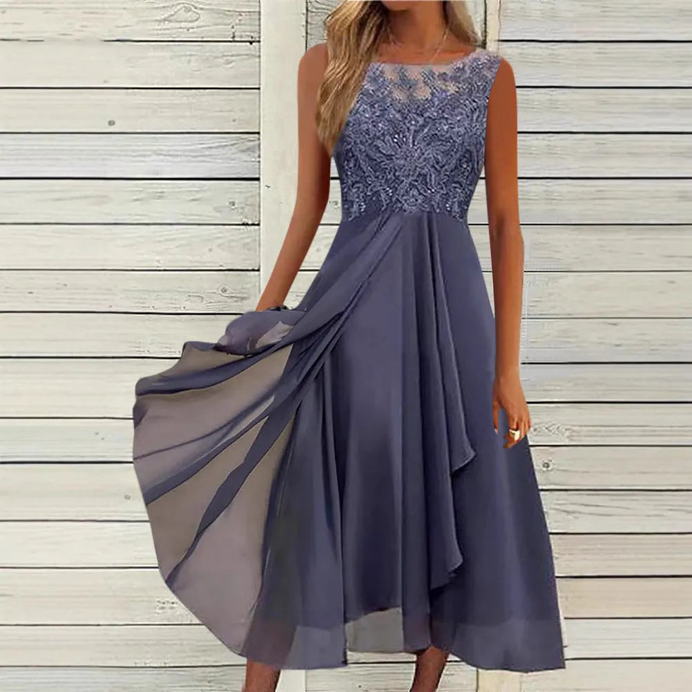 Women's sleeveless blue chiffon dress with lace stitching detail and a mid-length skirt.