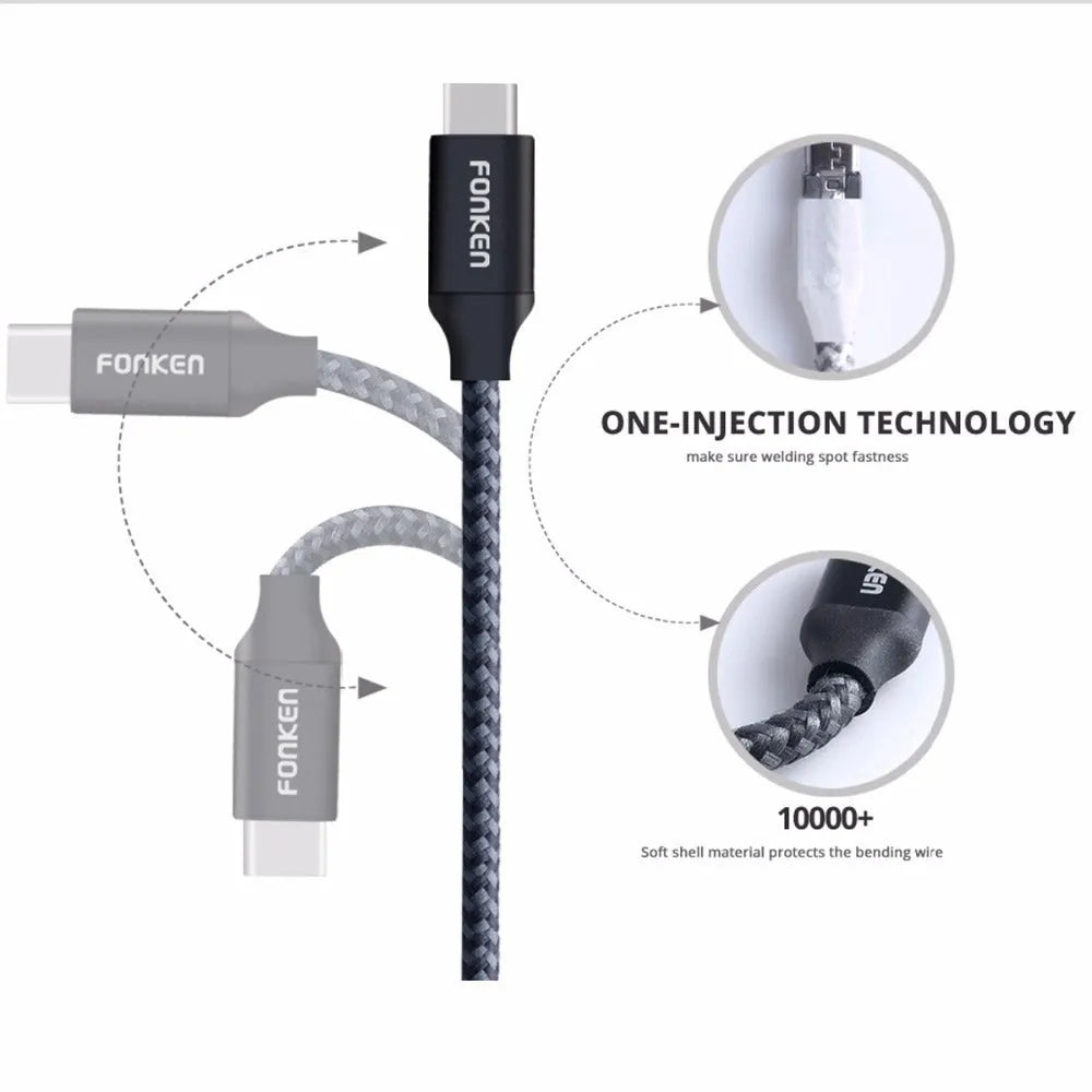 Fonken high-speed fast charging cable with woven exterior in black, 1m length, on white background