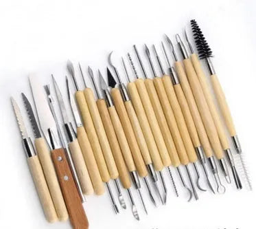 27-piece pottery clay tool set with wooden handles and stainless steel tools for sculpting