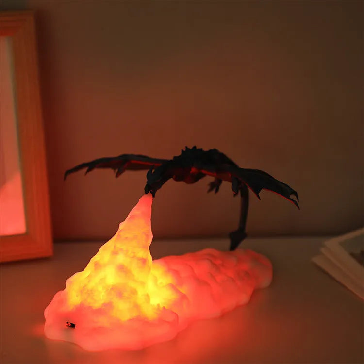 3D-printed red dragon night light with glowing warm light effect on a dark background.