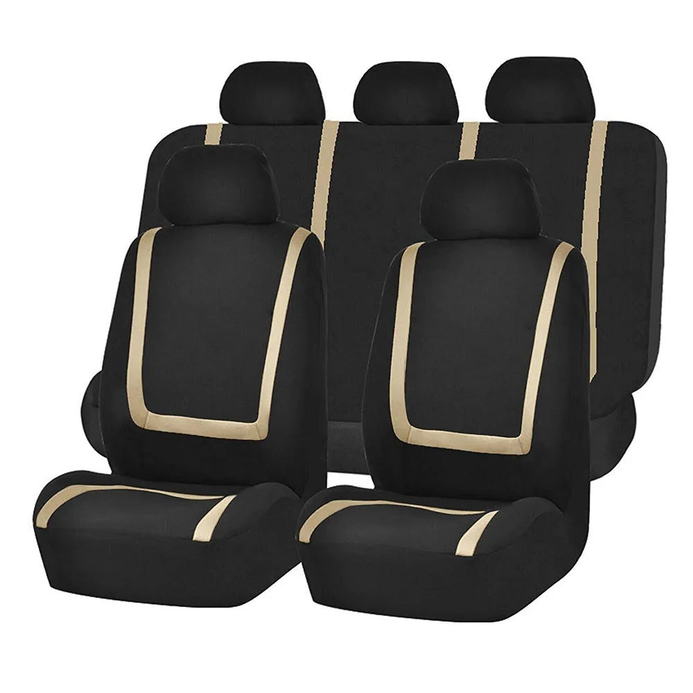 Universal fabric car seat cover set showing headrest and seat panels in a two-tone colour option