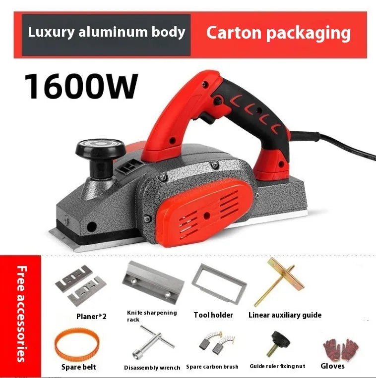Red desktop electric wood planer with aluminium housing showing 82mm planing width