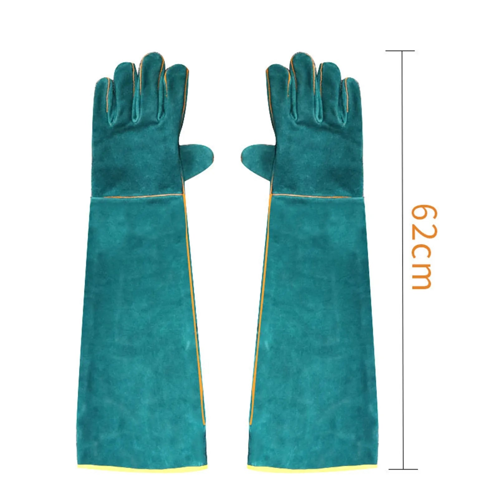 A pair of dark green, long-cuff leather animal handling gloves with a cotton lining for bite and scratch protection.
