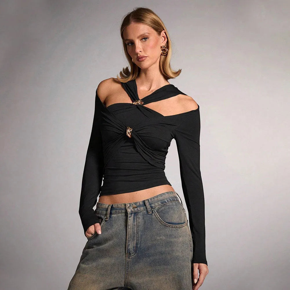 Black women's halter top with long sleeves and a slim fit silhouette.