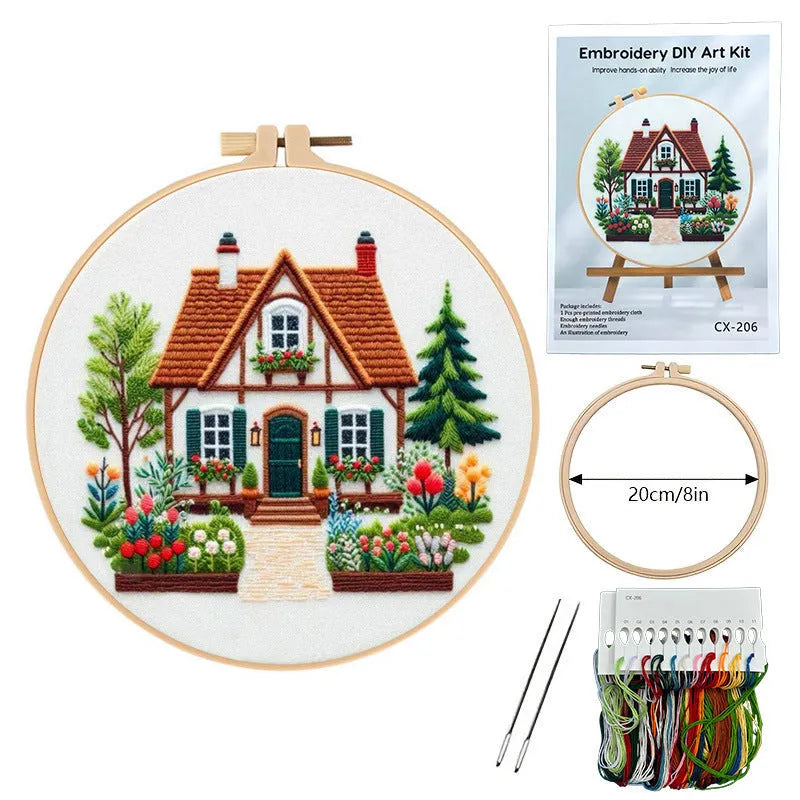 Garden Cottage embroidery material package with 28x28cm pre-printed cotton linen cloth showing landscape scene