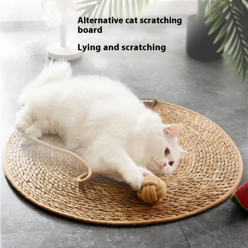 Natural papyrus round rattan cat scratching pad in winter brown colour on floor