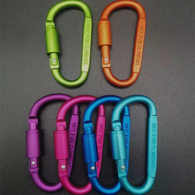 D-type aluminium carabiner with lock mechanism in bright colours measuring 8cm