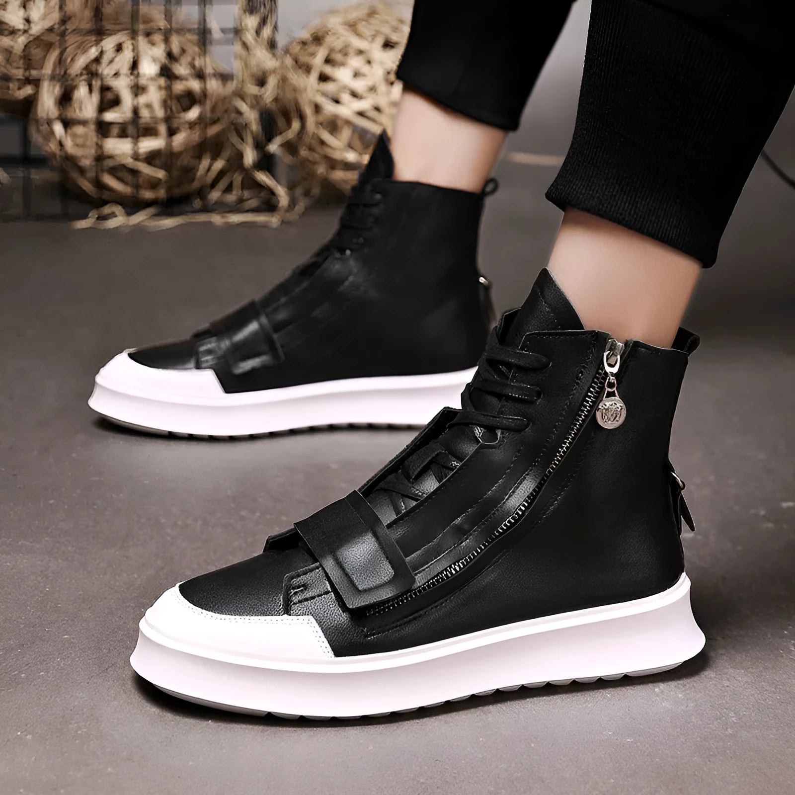 Black and white PU leather men's ankle boots with microfiber upper and high-top sneaker design for winter wear