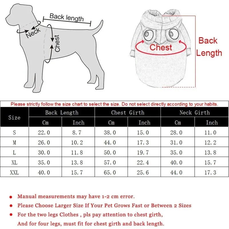 Green frog costume hoodie on small dog with size measurement diagram