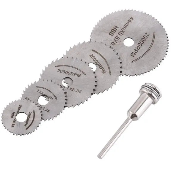 Set of 6 circular saw blades with mandrel, high-speed steel construction with 15mm inner diameter
